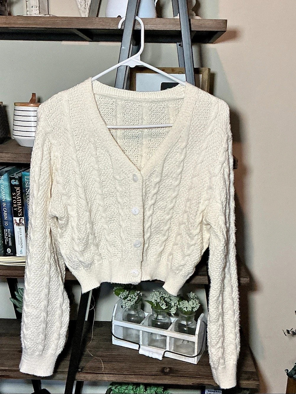 CIDER Cable Knit Button-Up V-Neck Cardigan Cream XL